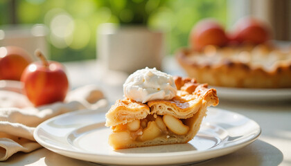 Delicious apple pie slice with whipped cream in a roadside caf&eacute; setting