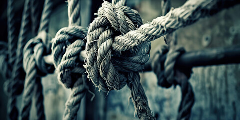 Intertwined Knots of Weathered Rope and Metal Bar