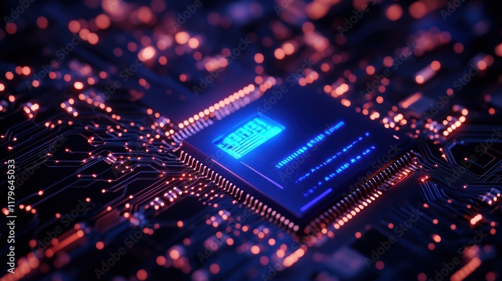 Poster intricate c p u chip embedded in complex circuit board design showcasing technology innovation and m