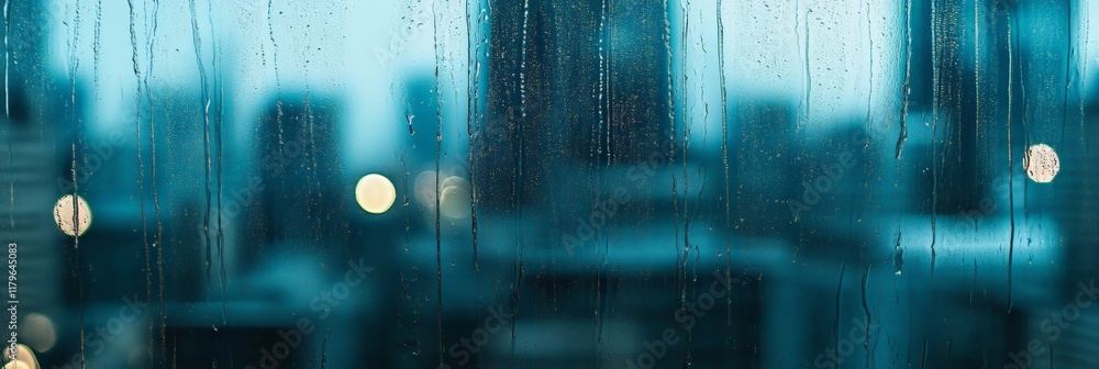 Poster water is streaming down a windowpane, blurring the city lights in the background on a rainy day, cre