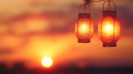 Glowing Ramadan lanterns under a stunning sunset background, peaceful evening atmosphere, extra space is provided for text