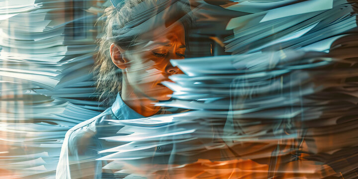 Woman Overwhelmed by Paperwork: Double Exposure Image