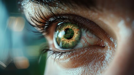Intriguing Close Up of Human Eye Featuring Embedded Computer Chip in Pupil Illustrating Fusion of Technology and Biology