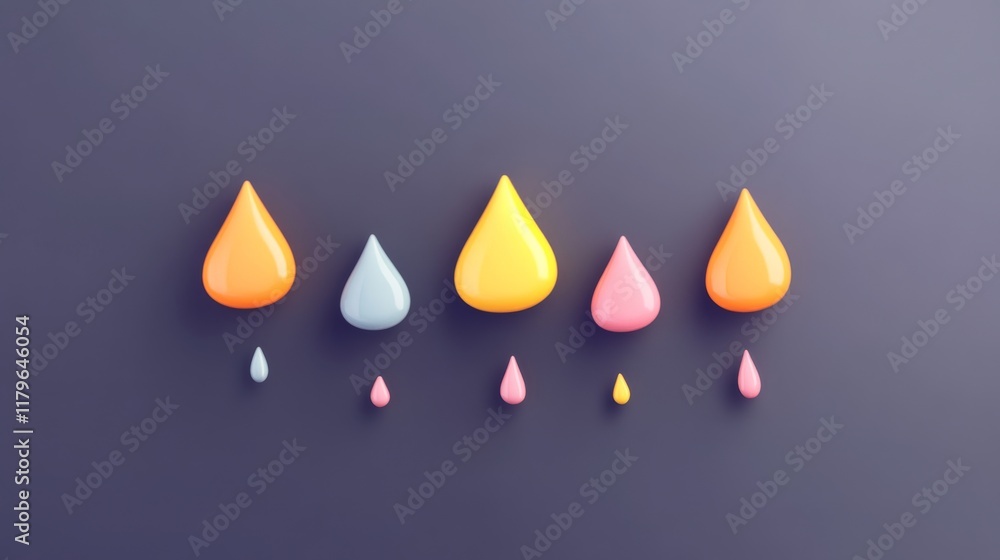 Poster colorful droplets of various sizes arranged in a row against a dark background, creating a visually 