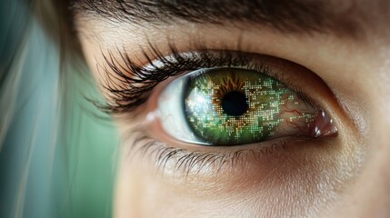 Fototapeta premium Intricate Close Up of a Human Eye Featuring a Detailed Circuit Board Pattern in the Pupil Showcasing Technology and Vision