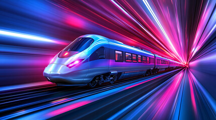 Fototapeta premium A futuristic train speeds through a vibrant, colorful tunnel of light.