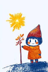Charming Girl Gently Holding Autumn Branch: Vibrant Hand-Drawn Illustration. AI Generated