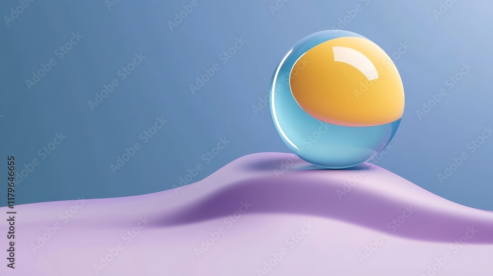 Poster a glossy sphere rests on a smooth, undulating surface, featuring vibrant colors against a soft gradi