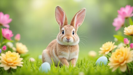 Fototapeta premium Colorful Easter scene: a fluffy bunny sits amidst vibrant green grass, surrounded by bright blooms and eggs, its adorable ears twitching with joy
