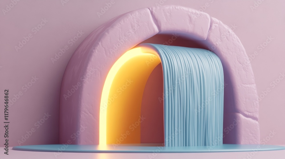Aufkleber a colorful, abstract arch with a flowing waterfall effect and soft lighting, creating a serene, arti