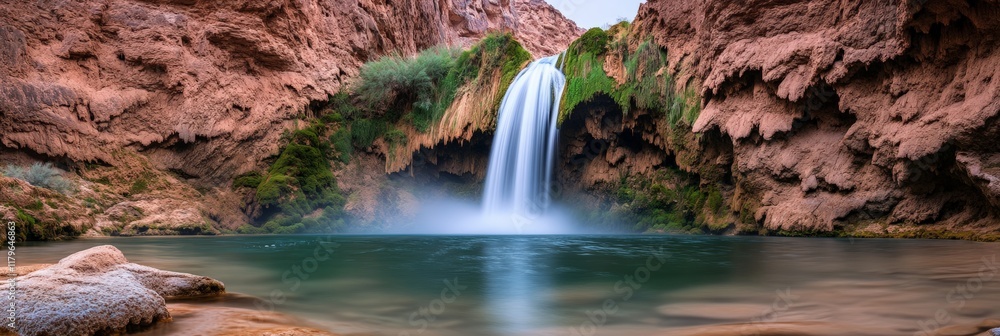 Aufkleber smooth flowing ribbon falls creates a misty pool at the bottom of red rock cliffs in the havasupai i