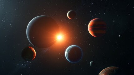 Naklejka premium A stunning visualization of a distant solar system featuring multiple planets orbiting a bright star amidst a starry backdrop.