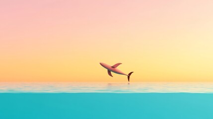 Naklejka premium A shark leaps out of a tranquil ocean, silhouetted against a pastel sunset sky, creating a serene yet dynamic coastal scene.