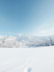 Vast, snow-covered landscape; clear winter sky, winter wonderland, glacial, frost