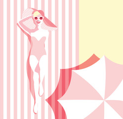 Beautiful young woman tanning at the beach, with sunglasses, hat, retro style. Pop art. Summer holiday. Vector eps10 illustration 