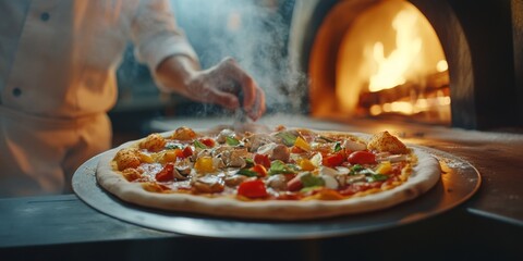 Freshly made pizza in a traditional pizza oven. A chef adds toppings with care. This image captures the art and passion of pizza making. Perfect for food lovers and culinary enthusiasts. AI