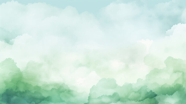 Watercolor background with soft green clouds
