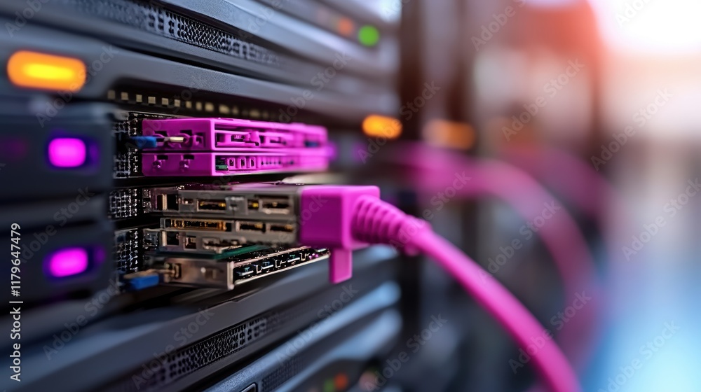 Poster close up view of network rack filled with multiple servers highlighting technology and connectivity 