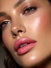 Fototapeta premium Close-up of glossy pink lips with smooth radiant skin