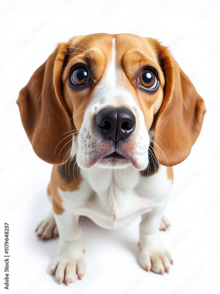 Poster a beagle with huge eyes is isolated on a white background in this funny portrait of a surprised dog.