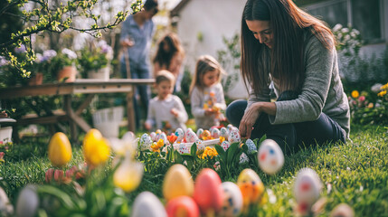 In a garden with colorful flowers and Easter eggs, a woman is seen kneeling and arranging eggs