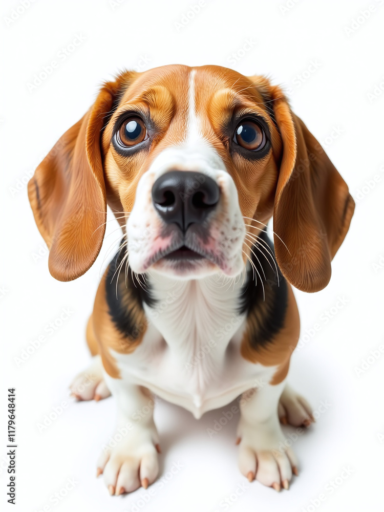 Poster a beagle with huge eyes is isolated on a white background in this funny portrait of a surprised dog.