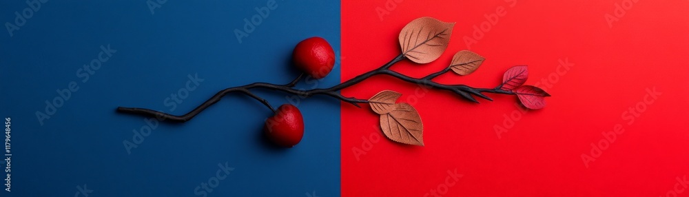 Poster red and blue minimalism: a captivating composition featuring a delicate branch with red berries and 