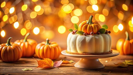 Halloween Pumpkin Cake: Delicious White & Orange Bokeh Dessert Stock Photo