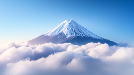 A majestic snow-capped mountain rises above a sea of fluffy clouds under a clear blue sky, creating a serene and breathtaking landscape.