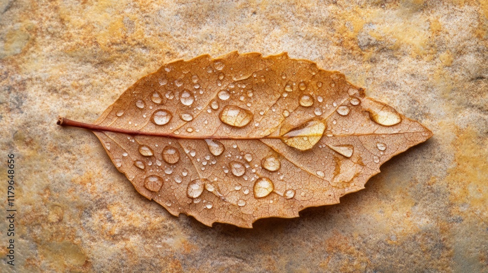 Poster Fallen brown leaf covered in many dew drops resting on a stone surface with veins visible through its translucent skin, creating a beautiful contrast between textures and colors