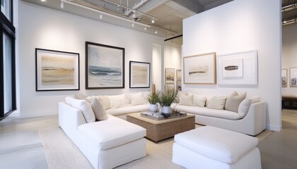 Fototapeta premium Modern Minimalist Living Room Interior Design Neutral Decor White Sofa