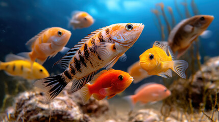 Fototapeta premium Colorful fish swimming in vibrant underwater scene, showcasing variety of species and hues. lively aquatic environment is filled with plants and rocks, creating serene atmosphere