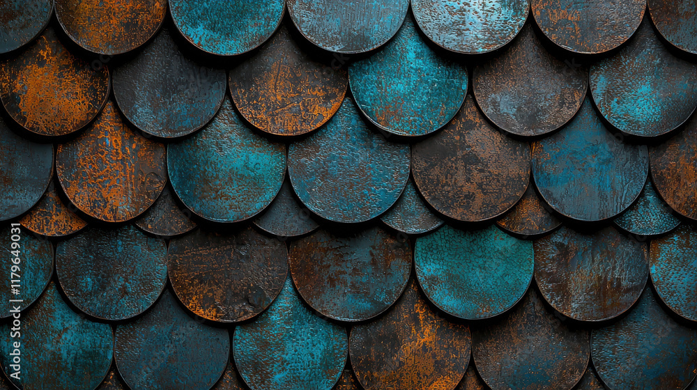 Poster vibrant abstract pattern of overlapping fish scales in blue and brown tones, showcasing texture and 