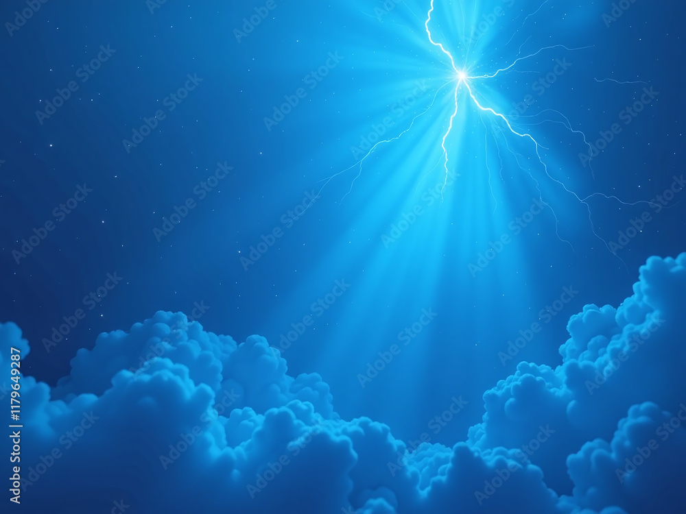 Poster a background of soft blue hues is illuminated by neon light rays that appear as magical and dreamlik