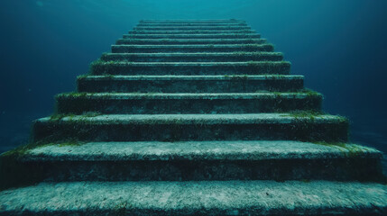 Ancient underwater ruins with overgrown stairs create mysterious atmosphere. submerged steps, covered in seaweed, evoke sense of wonder and exploration