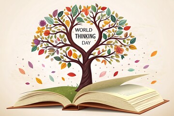 World Thinking Day Illustration: Open Book with Tree of Knowledge Growing from its Pages, Symbolizing Learning, Growth, and Ideas