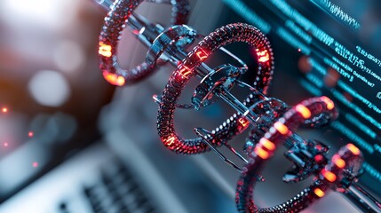 Fototapeta premium Abstract Futuristic Technology Glowing DNA Helix Rotating Over Digital Code