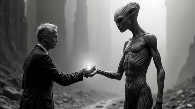 Animation depicting a profound moment of contact between a human and an alien being in a mysterious rocky canyon