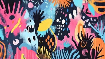 Whimsical hand-drawn poster, playful cartoon characters, bright colors, and fun, quirky patterns
