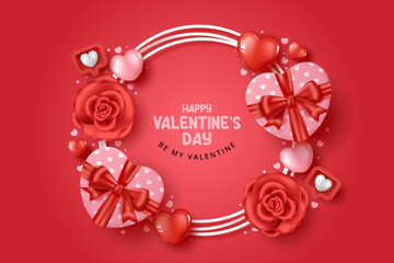 Happy Valentine's day background with Heart gift, flowers and hearts elements in red background. Vector Illustration.