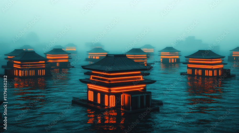 Poster futuristic underwater city with glowing neon lights and floating structures. serene atmosphere creat