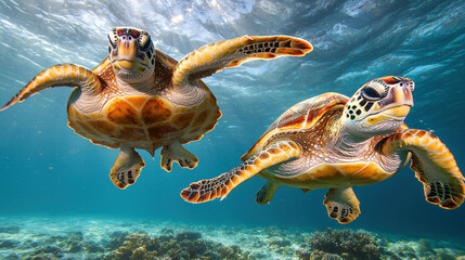 Obraz premium Giant sea turtles gliding gracefully above vibrant coral reefs create peaceful underwater scene. Their majestic movements showcase beauty of marine life