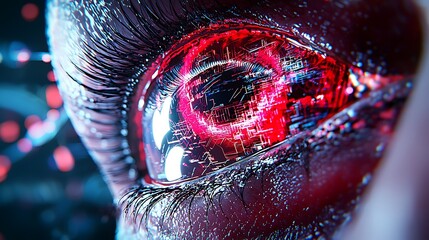 Close-up of a futuristic eye with glowing red circuits inside.