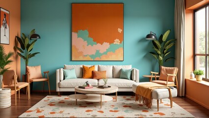 Fototapeta premium A vibrant living room features a striking turquoise wall, accented with pops of fiery orange, and anchored by a majestic abstract painting with swirling white clouds amidst a kaleidoscope of orange an