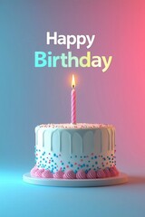 3D Birthday Cake with Candle and "Happy Birthday" Text on Pastel Gradient Background