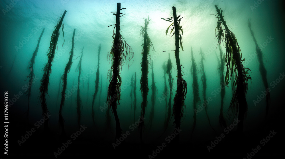 Aufkleber mystical underwater forest of towering kelp swaying gently in ocean, creating enchanting and serene 