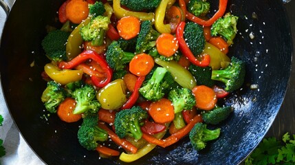 Wok-fried vegetables, healthy meal, kitchen, overhead shot, food blog use.