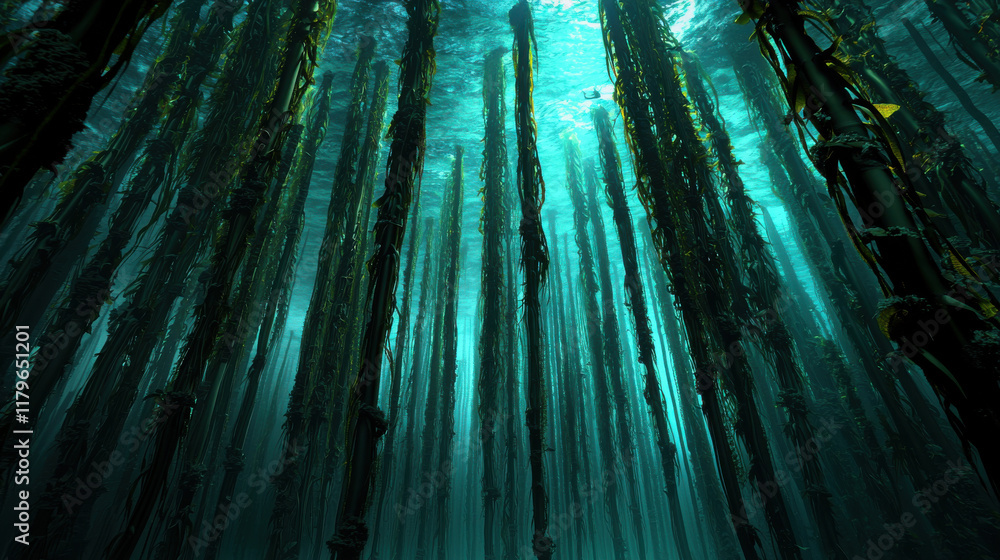 Poster mystical underwater forest of towering kelp swaying gently in ocean, creating serene and enchanting 