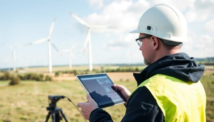 Engineer Inspecting Wind Turbines with Tablet