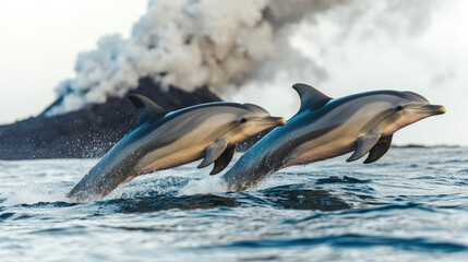 Fototapeta premium Playful dolphins leaping gracefully near underwater volcanic plume, showcasing their agility and joy in stunning natural setting